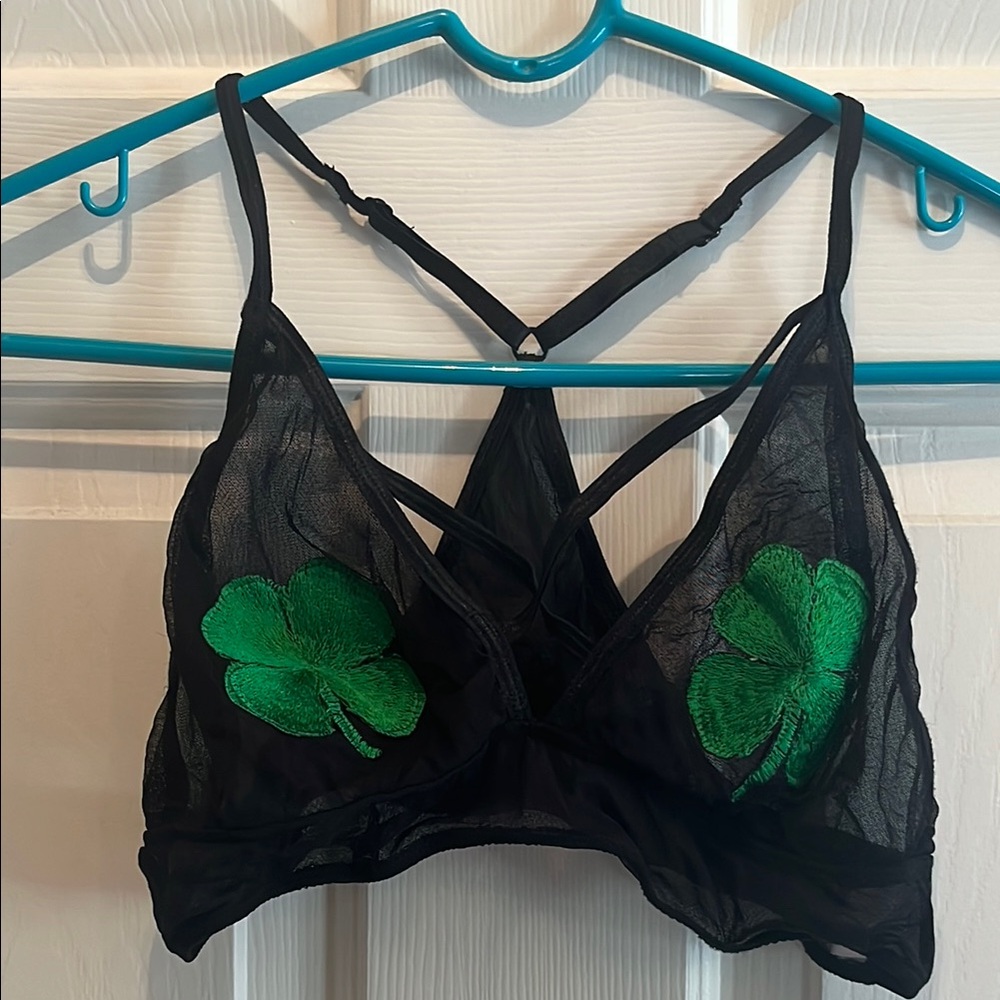 Spencer's Black and Green Lace Bralette with Shamrock Design